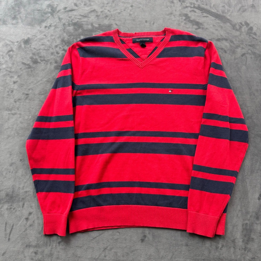 Tommy Hilfiger Mens V-Neck Sweater Red Navy Blue Striped Logo Size M